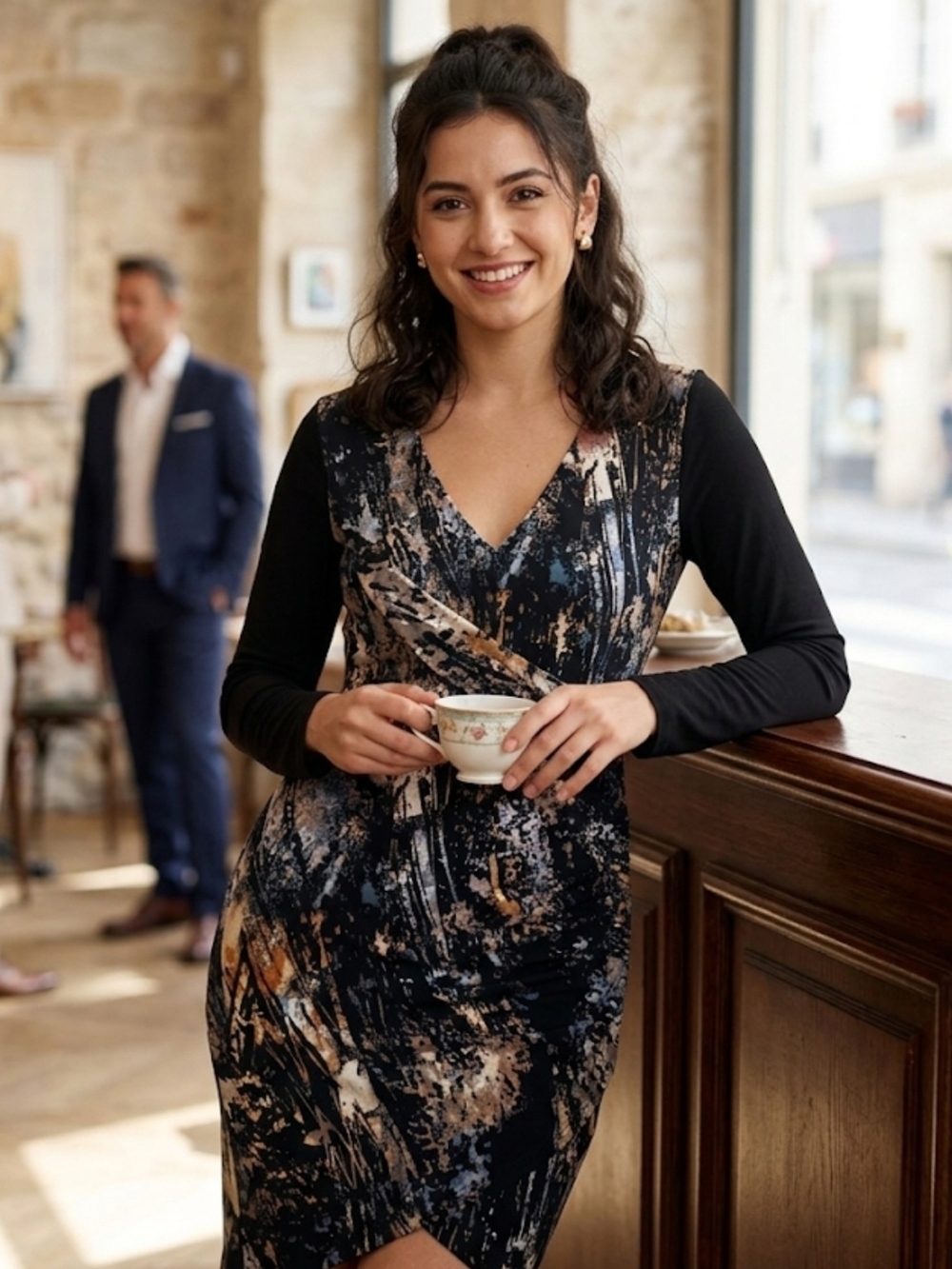 Forever 21 Black Abstract Print Long Sleeve Wrap Dress
